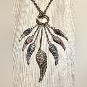Vintage VCLM Bronze Tone Wing Chandelier Necklace With Cubic Zirconia Accents